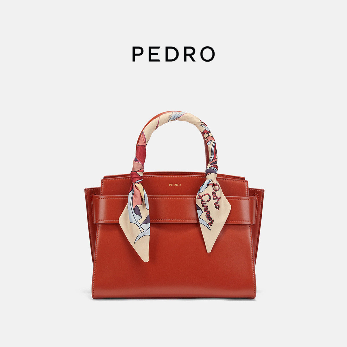 Orange Leather Handbag with Silk Scarf - Structured Trapezoid Tote Bag | Designer Belt Closure Satchel