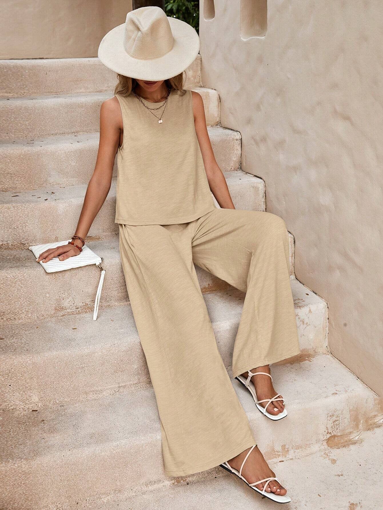 Women's 2-Piece Sleeveless Top & Wide Leg Pants Set | Linen Style Casual Summer Co-ord Outfit | Multiple Colors