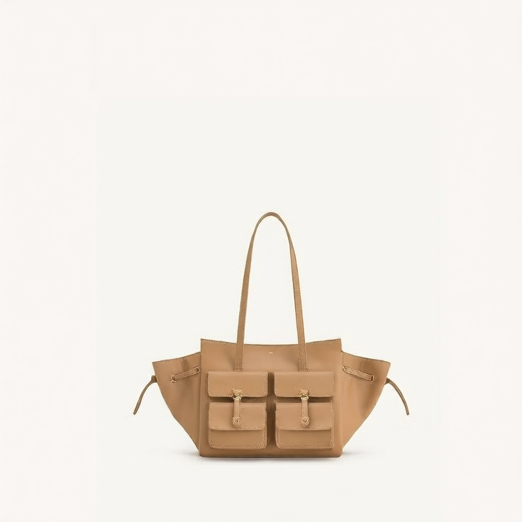 JW PEI Linda Genuine Leather Shoulder Tote Bag Camel Beige Tote Bag with Front Pockets | Wing Tote Shoulder Bag Leather