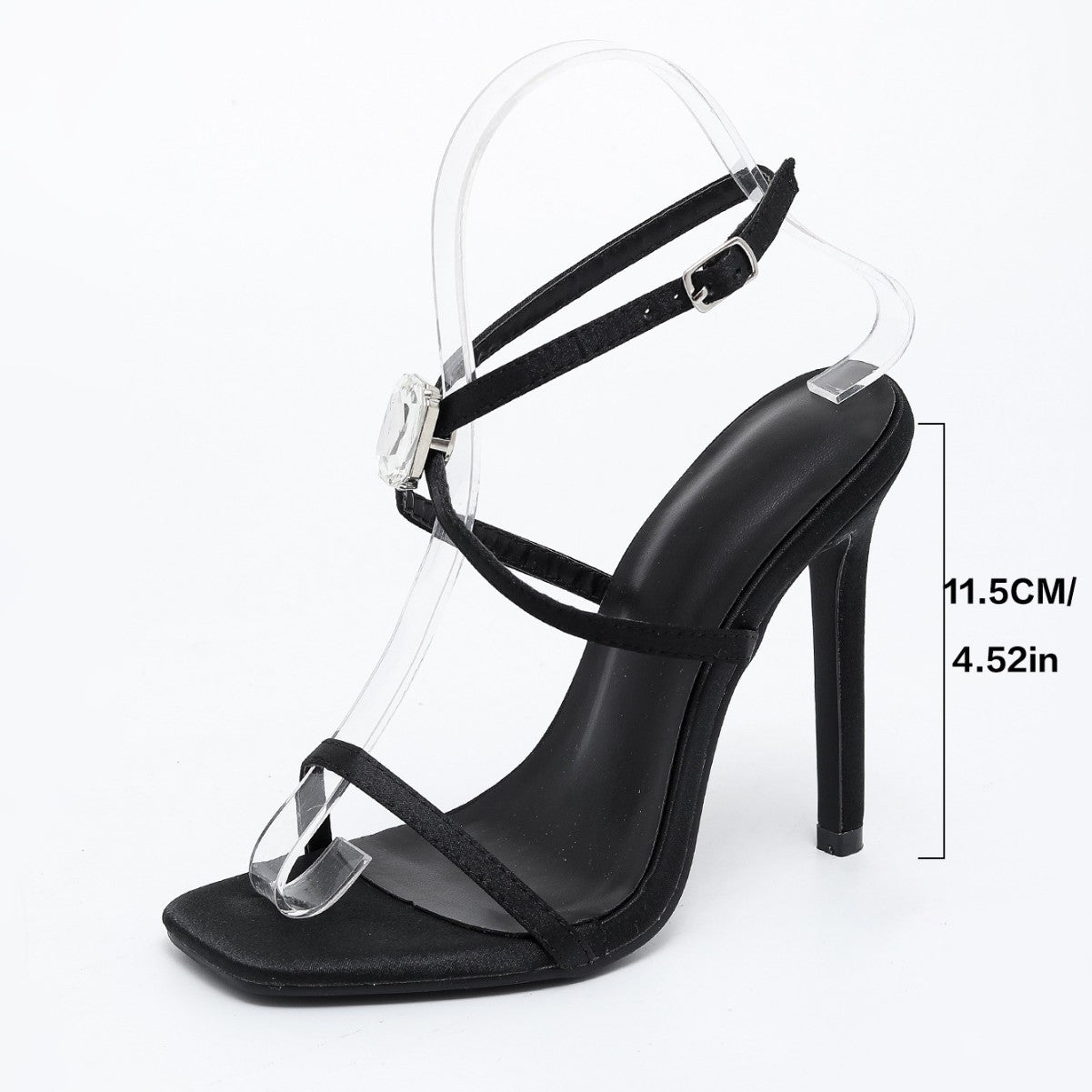 Black Satin Strappy Stiletto Sandals with Oversized Square Emerald Cut Crystal Gem Buckle | Elegant Luxury Evening Heels for Women