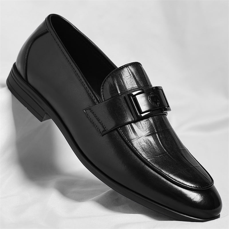 Men's Dark Brown Leather Loafers | Black Metal Hardware Strap Pointed Toe Luxury Dress Shoes