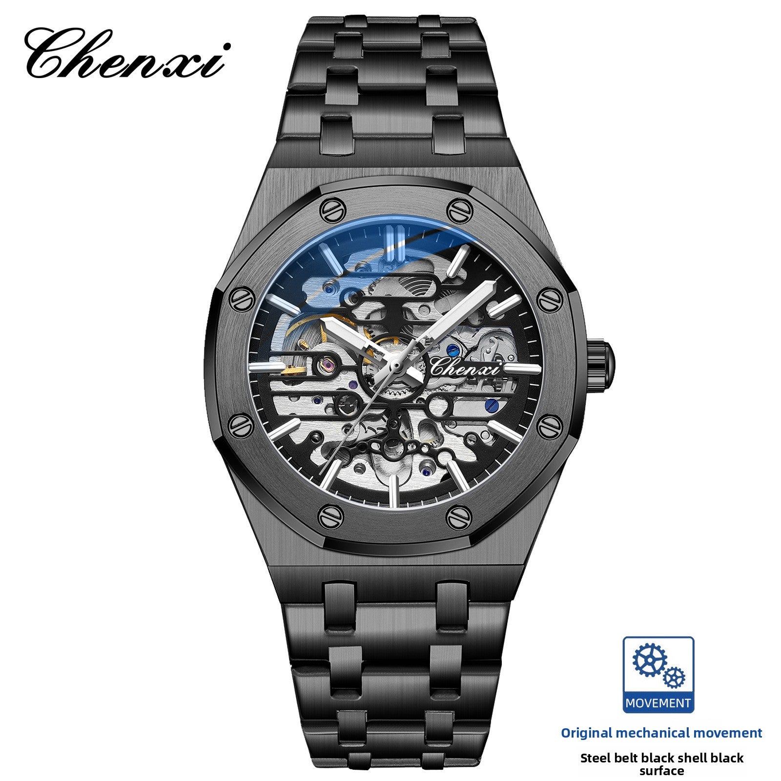 Chenxi Men's Skeleton Mechanical Watch | Royal Oak Style Octagonal Screw Bezel Blue Accent | Silver Stainless Steel Bracelet Luxury Timepiece