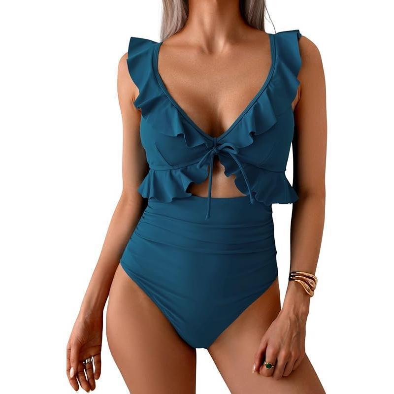 Teal Ruffle V-Neck Tie Front Cutout One Piece Swimsuit | High Waist Ruched Monokini | Women's Elegant Swimwear