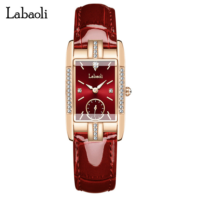 Labaoli Women's Rose Gold Rectangle Watch | Red Dial Crystal Lug Sub-Seconds Patent Leather Luxury Quartz Watch
