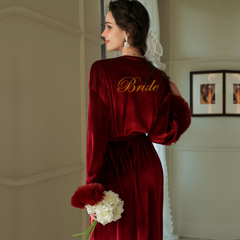 Burgundy Velvet Bridal Robe with Faux Fur Cuffs | Luxury Wedding Getting Ready Robe for Women ? Belted V-Neck Loungewear