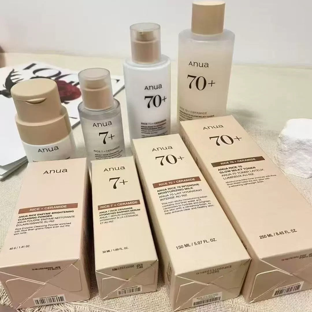 Anua Rice + Ceramide Skincare Set | Cleansing Powder, Barrier Serum, Moisturizing Milk & Glow Toner | K-Beauty Bundle