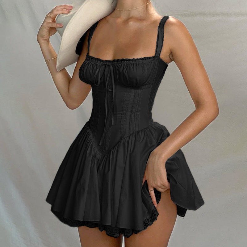 Women's Corset Bodice Mini Dress Sexy Boned Bustier Square Neck Lace Trim Flared Skirt Party Dress 5 Colors
