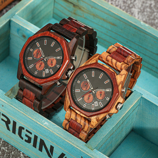 Men's Handcrafted Wooden Chronograph Watch | Zebra & Red Sandalwood Two-Tone Band | Octagonal Case, Roman Numerals & Date Display | Eco-Friendly Luxury Timepiece
