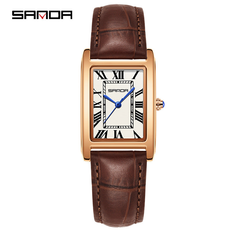 SANDA Women's Rectangle Rose Gold Watch | White Roman Numeral Dial Blue Hands Black Leather Strap Classic Quartz Timepiece