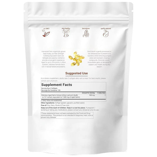 Geruchloses, gereiftes Knoblauchextrakt-Nahrungsergänzungsmittel – 300 Weichkapseln | Gentechnikfrei, Glutenfrei, Laborgeprüft