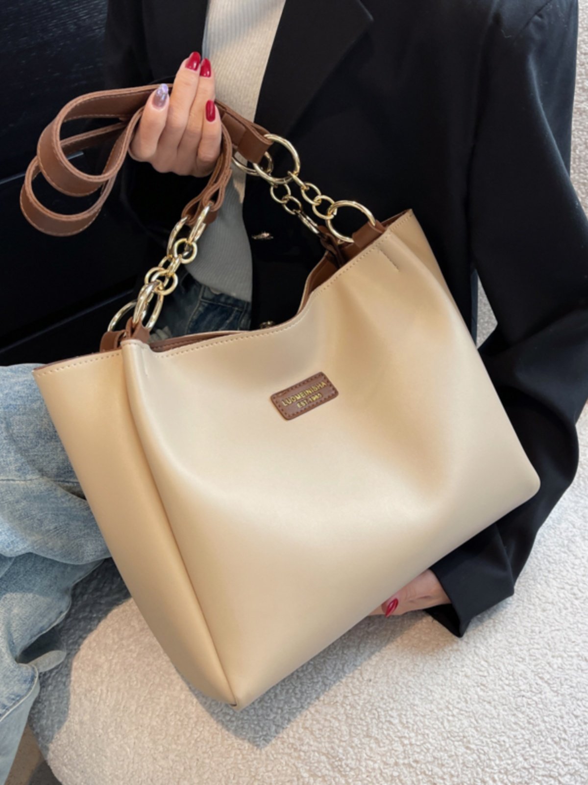 Beige Leather Tote Bag with Brown Straps & Gold Chain Detail | Two-Tone Shoulder Bag