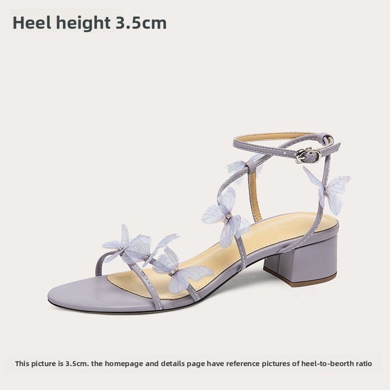 Lavender Grey Butterfly Flower Ankle Strap Stiletto Sandals | 3D Organza Butterfly Embellished Strappy High Heels for Women | Wedding Bridal Fairy Garden Party Shoes