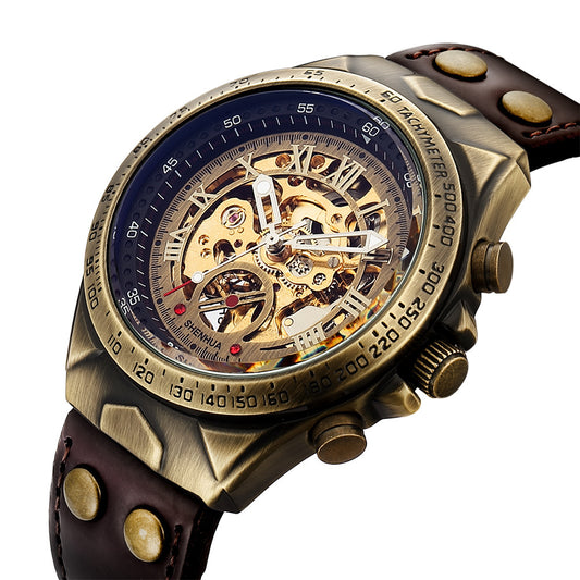 Shenhua Bronze Skeleton Automatic Mechanical Watch Brown Leather Tachymeter Bezel | Men Vintage Steampunk Transparent Dial Luxury Wrist Watch
