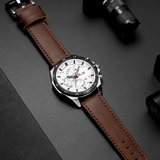 VA VOOM Men's Chronograph Watch | Black Dial Rose Gold Case | Brown Leather Strap | Military Sport Watch with 24H Subdial, Minutes Counter & Date