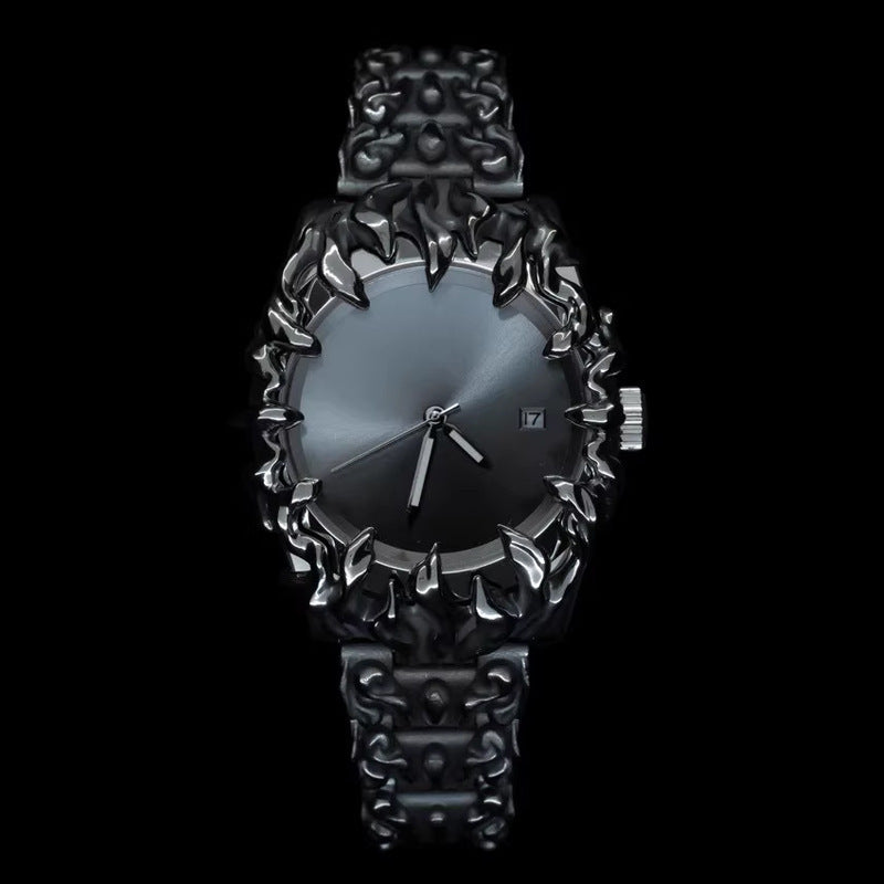 Men's Gothic Flame Watch | Red Dial Silver Flame Bezel Punk Vintage Quartz Date Stainless Steel Statement Watch