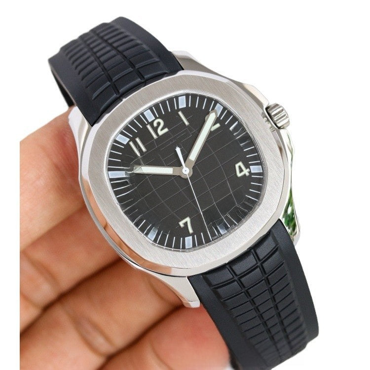 Men's Sport Luxury Watch | Black Grid Dial Stainless Steel Case Rubber Strap | Aquanaut Style Luminous Timepiece