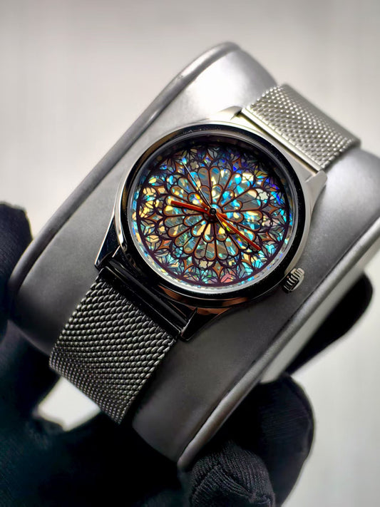 Stained Glass Cathedral Rose Window Watch | Holographic Iridescent Dial | Black Milanese Mesh Strap | Unisex Artistic Statement Watch | UAE