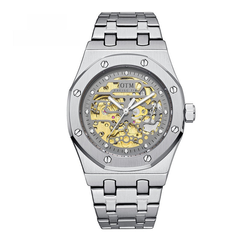 OTM Preisc Time Men's Skeleton Automatic Watch | Silver Octagonal Case Gold Movement 30M Waterproof Royal Oak Style