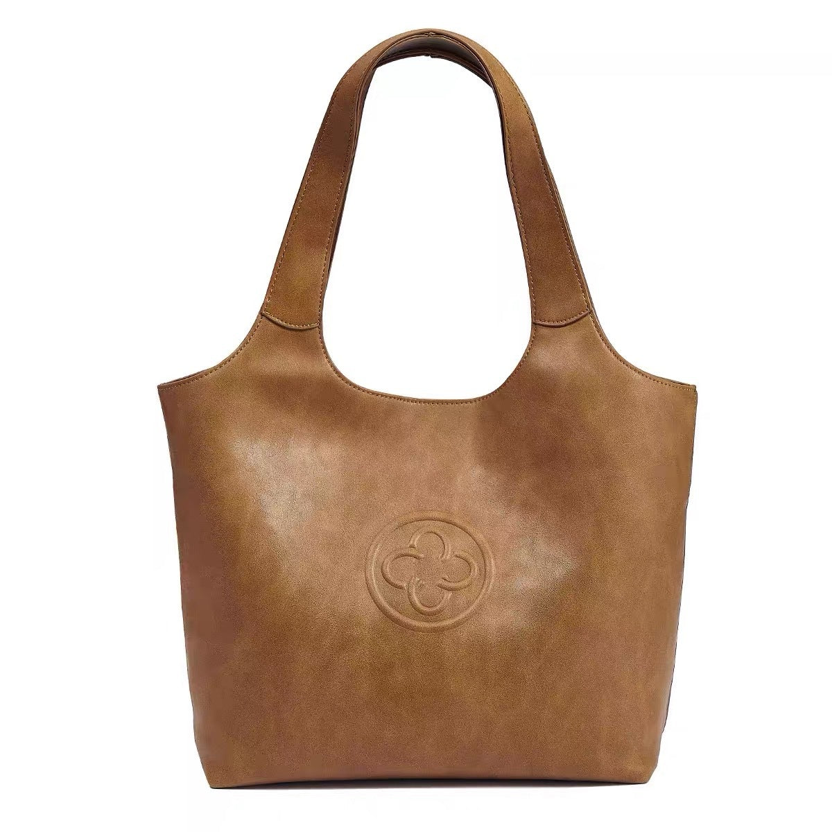 Tan Leather Tote Bag with Embossed Logo | Camel Brown Shoulder Bag
