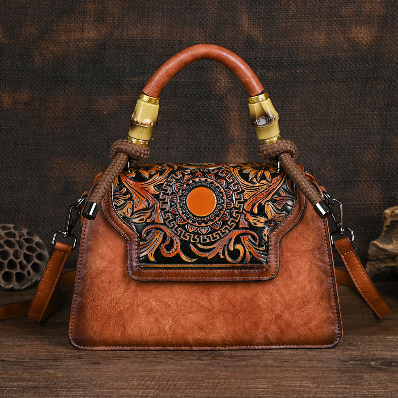 Black Leather Handbag with Tooled Design - Artisan Embossed Shoulder Bag with Braided Handle | Bohemian Ethnic Satchel