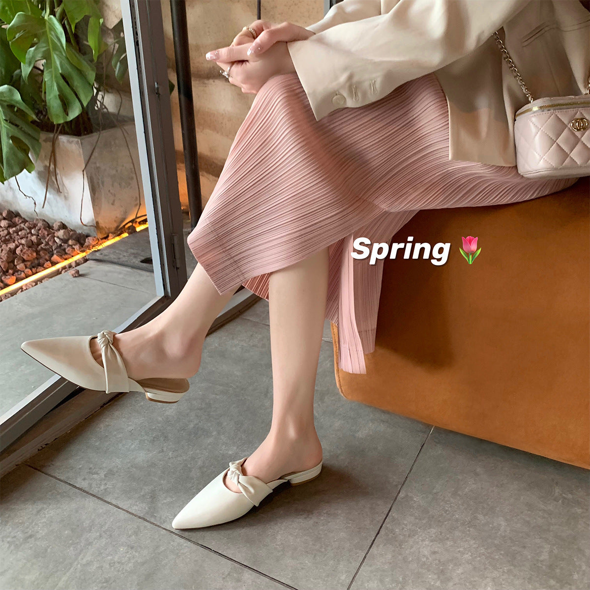White Pointed Toe Knot Mule Flats | Slip-On Leather Backless Shoes for Women