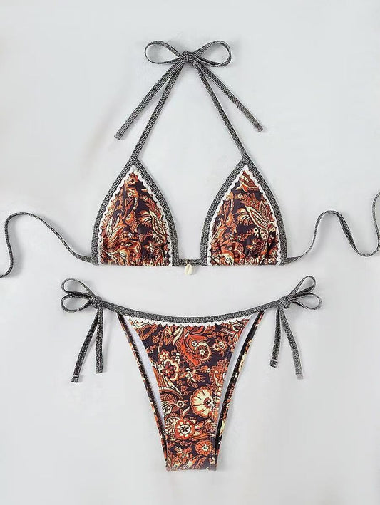 Blue White Porcelain Paisley Triangle Bikini Set | Greek Key Trim Shell Detail | Women's Luxury Mediterranean Swimwear