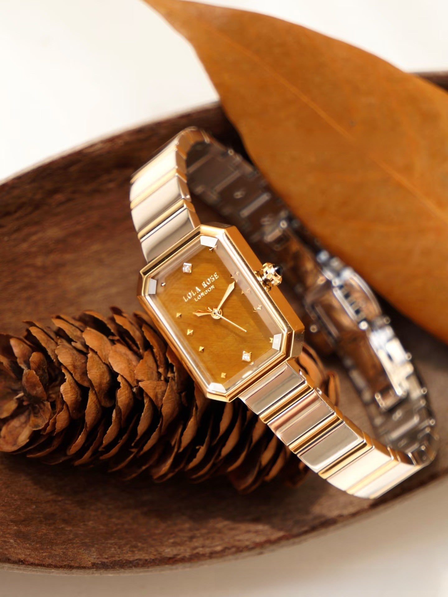 Lola Rose London Sugar Cube Women's Watch | Brown Amber Dial Gold Rectangle Steel Bracelet Luxury Timepiece