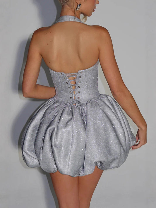 Mini abito a bolle di paillettes argento | Abito da festa con corsetto a collo alto e gonna a sbuffo | Abito da sera scintillante senza schienale da discoteca per donna