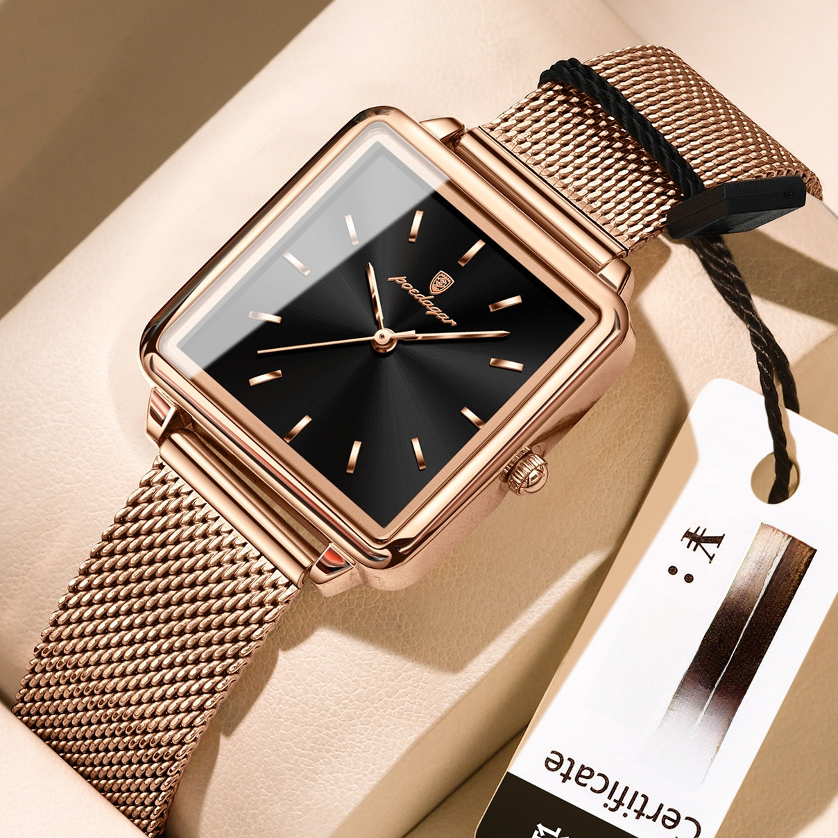 Poedagar Women's Rose Gold Square Watch | Sunburst Dial Mesh Strap Minimalist All Rose Gold Quartz Watch