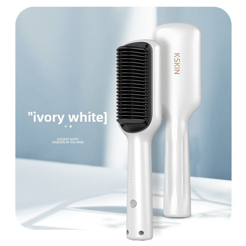 KSKIN White Electric Hair Straightening Brush | Cordless Ionic Anti-Frizz Hot Comb | Professional Portable Hair Straightener Brush for Women & Men