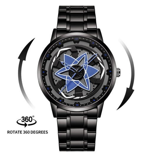 Black Steel Spinning Dial Watch with Red Star Design, 360 Degree Rotating Bezel Anime Style Men's Quartz Watch