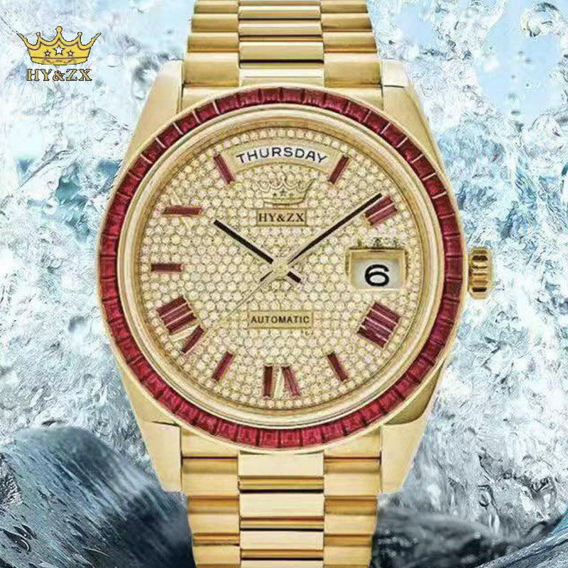 HY&ZX Automatic Gold Watch | Diamond Paved Dial Ruby Baguette Bezel | Day Date Presidential Bracelet Men's Luxury Watch