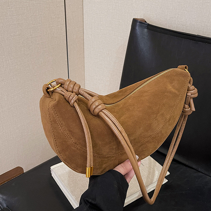 Black Suede Crescent Shoulder Bag | Knotted Strap Half Moon Hobo Bag with Gold Hardware & Charm