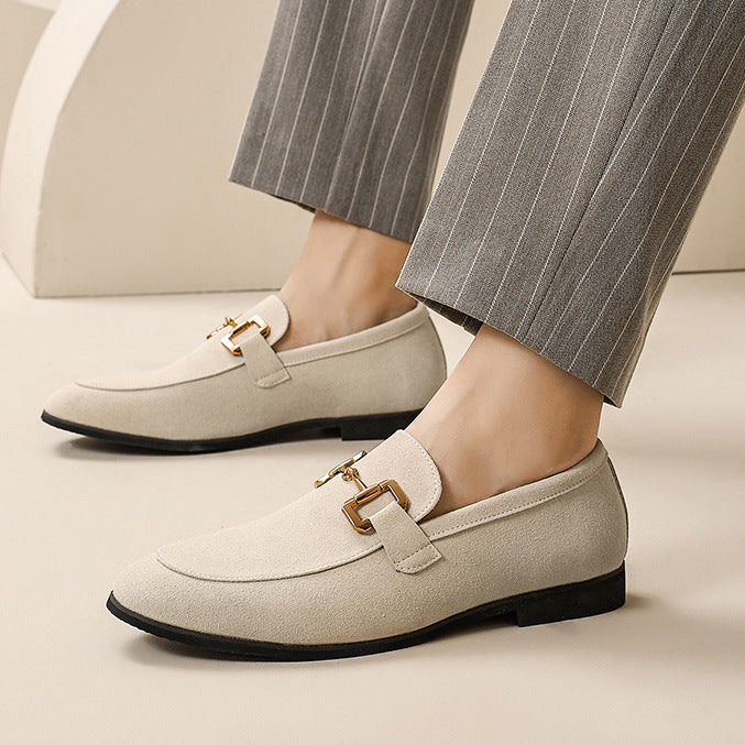Beige Suede Horsebit Loafers for men| Gold Chain Slip-On Flat Shoes | Elegant Office Casual Footwear