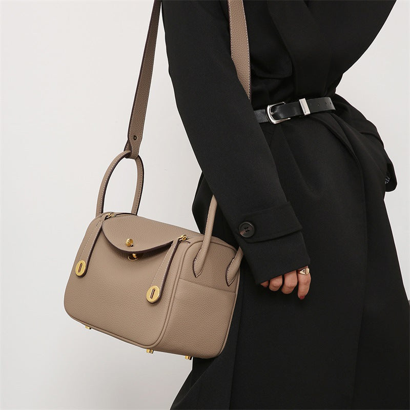 Taupe Leather Crossbody Bag with Flap Closure & Gold Hardware | Small Messenger Bag