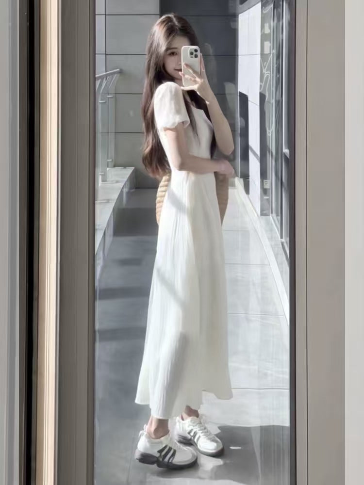 Women's White Square Neck Puff Sleeve Maxi Dress - Elegant A-Line Pleated Long Dress with Cinched Waist - Romantic Fairy Dress for Summer, Beach, Vacation & Everyday Wear
