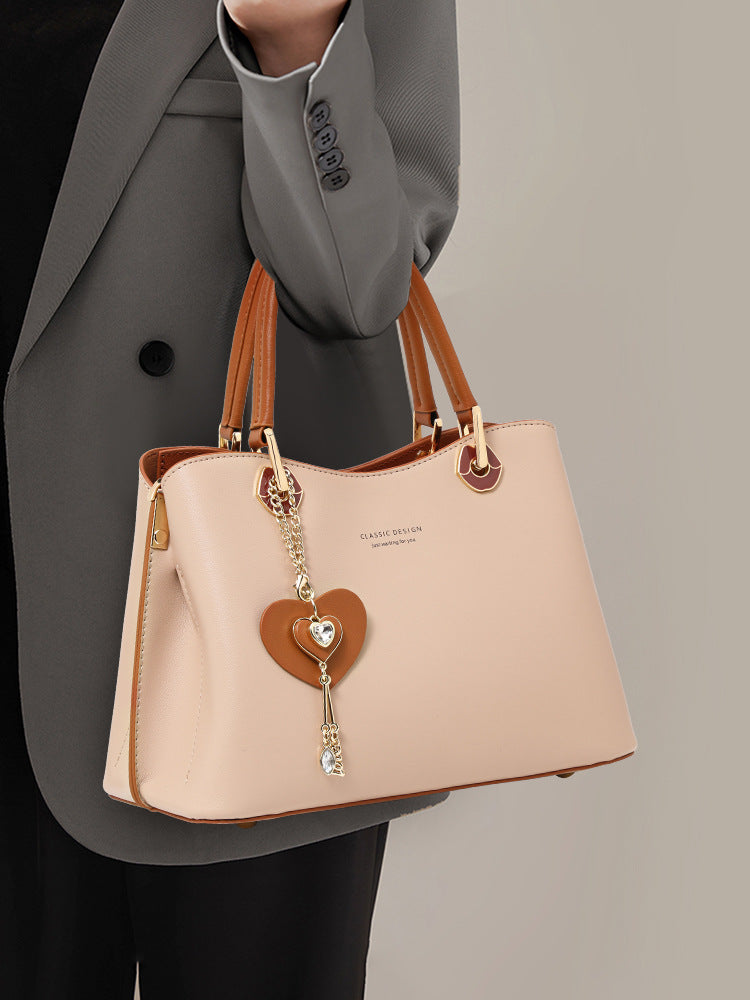 Blush Pink Leather Handbag with Brown Trim & Heart Charm | Classic Design Tote Bag
