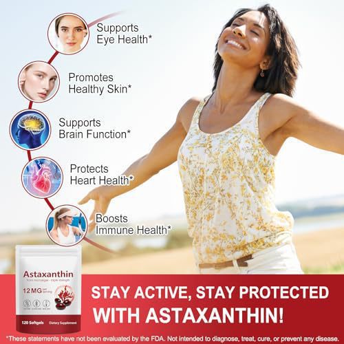 Astaxanthin 12mg Triple Strength 120 Softgels from Microalgae Soy Free Gluten Free | Natural Antioxidant Supplement for Skin Eye Joint Heart Health