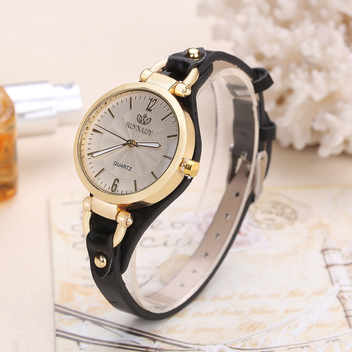Brown Leather Wrap Watch Women | Gold Case Guilloche Dial | Thin Strap Stud Detail | Boho Vintage Quartz Dress Watch