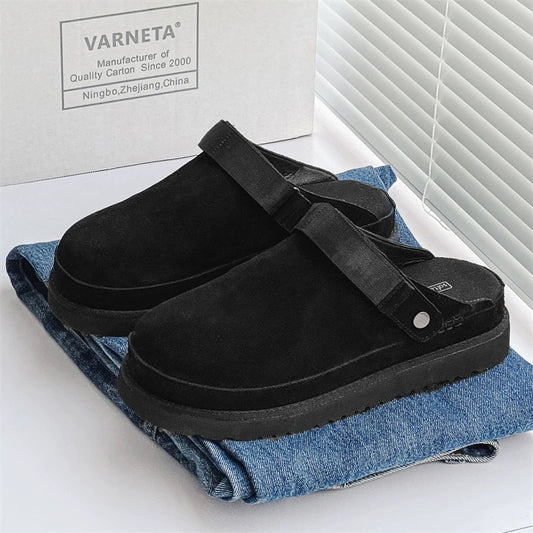 Women's Suede Platform Clogs with Back Strap | Closed Toe Mule Slippers | Camel Tan Casual Shoes | Cozy Everyday Footwear