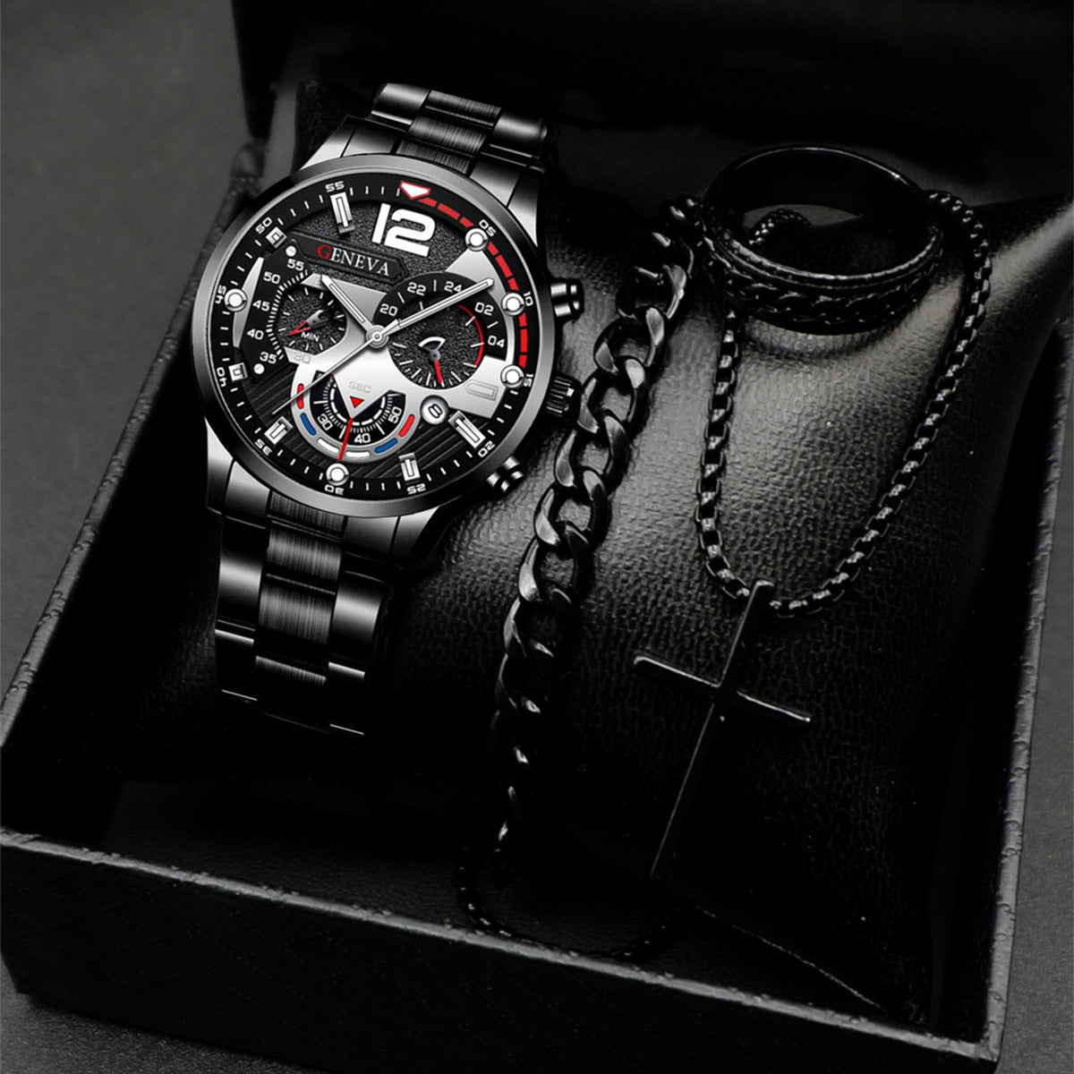 Geneva Men's 3-Piece Black Gift Set | Chronograph Watch + Cuban Link Bracelet + Cross Necklace Luxury Jewelry Box