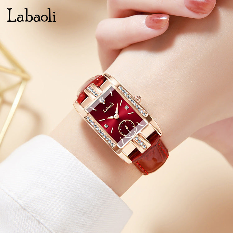 Labaoli Women's Rose Gold Rectangle Watch | Red Dial Crystal Lug Sub-Seconds Patent Leather Luxury Quartz Watch