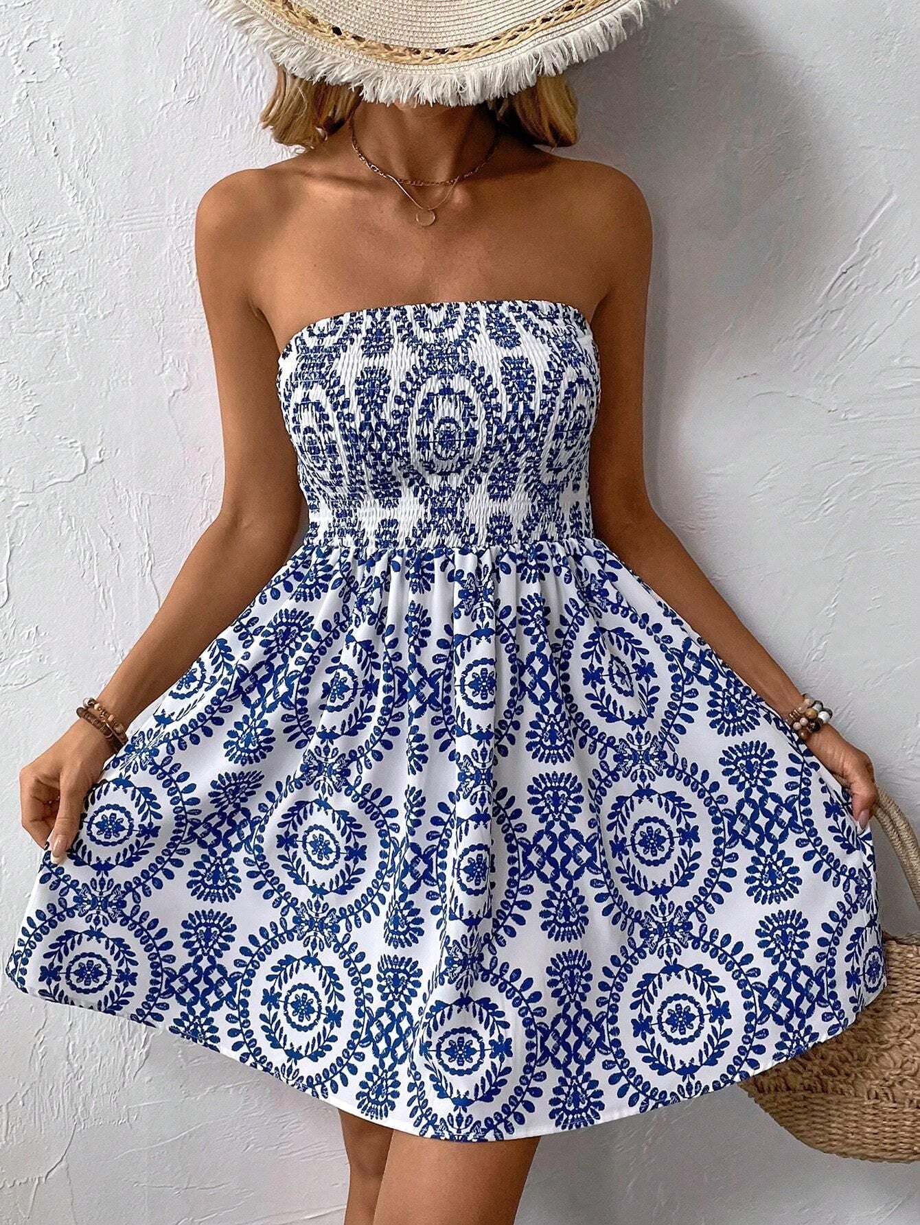 Women's Blue & White Floral Print Strapless Smocked Bodice Mini Dress Boho Bandeau Summer Beach Vacation Party Dress