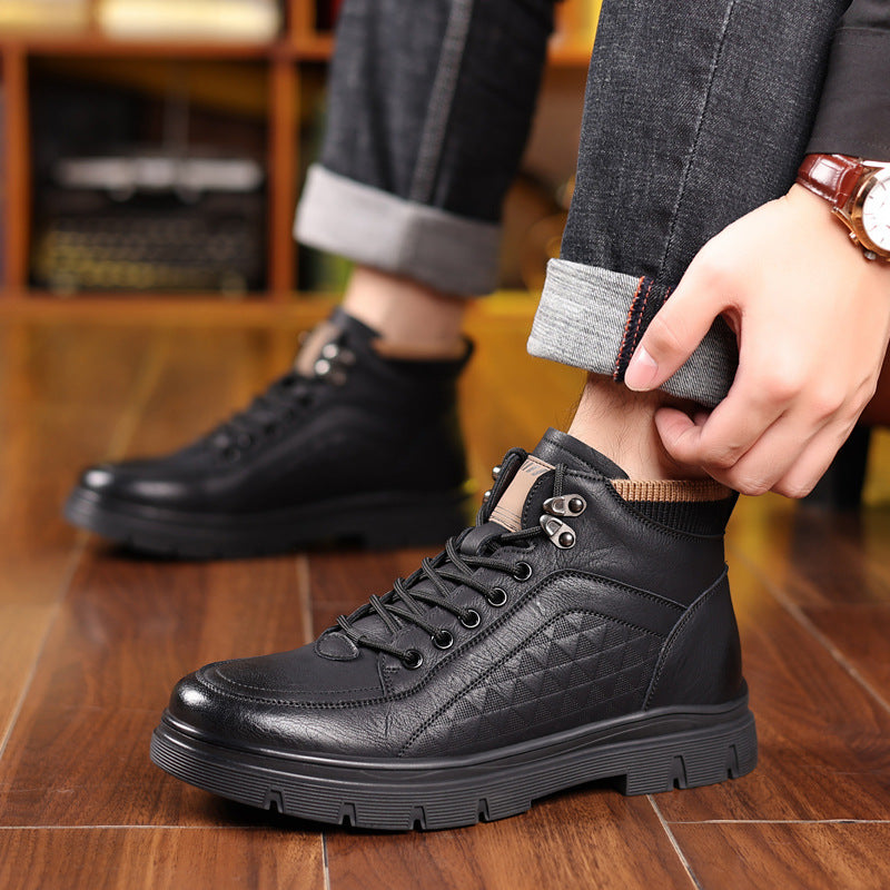 Men's Black High Top Leather Boots | Quilted Lace Up Ankle Boot Chunky Sole | Winter Casual Outdoor Fashion Boot