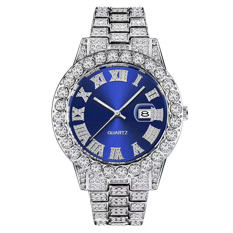 Iced Out Silver Watch | Green Sunburst Dial Diamond Roman Numerals | Full Crystal Bezel & Bracelet Mens Hip Hop Quartz Watch