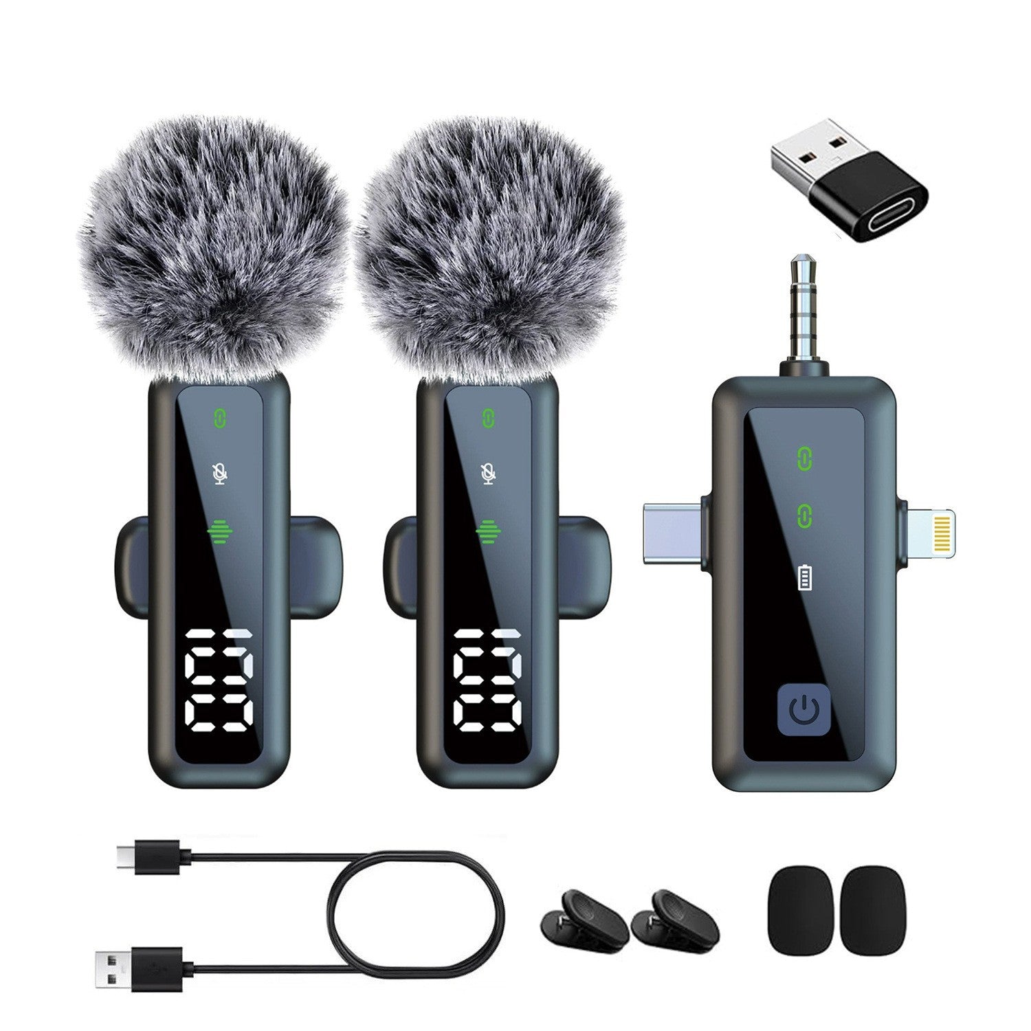 Dual Wireless Lavalier Microphone Kit | LED Display | 2 Clip-On Mics & 3-in-1 Receiver for iPhone Lightning, USB-C & 3.5mm | Fur Windscreen Vlog & Interview Set