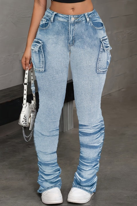 Women's High Waist Stacked Cargo Jeans | Blue Denim Ruched Flare Pants | Multi Pocket Stretchy Skinny Jeans | Streetwear Fashion