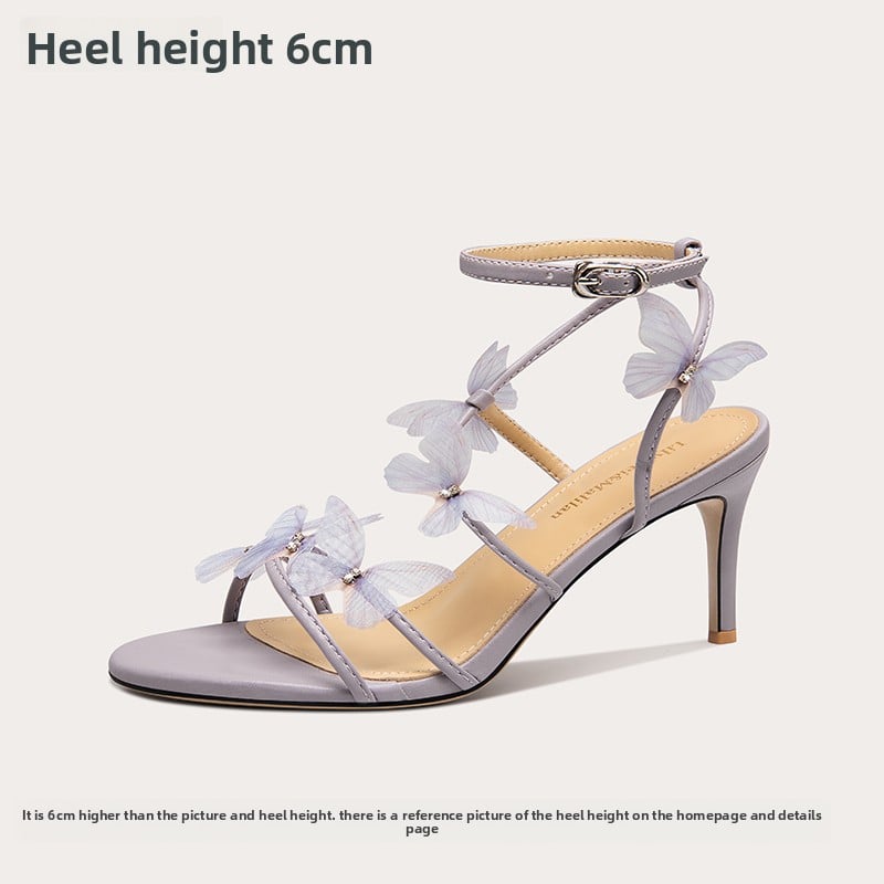 Lavender Grey Butterfly Flower Ankle Strap Stiletto Sandals | 3D Organza Butterfly Embellished Strappy High Heels for Women | Wedding Bridal Fairy Garden Party Shoes