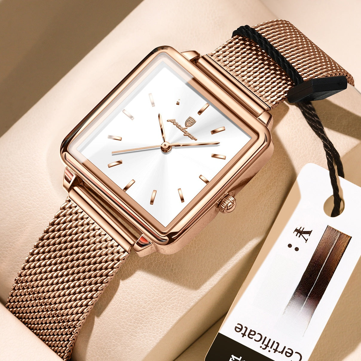 Poedagar Women's Rose Gold Square Watch | Sunburst Dial Mesh Strap Minimalist All Rose Gold Quartz Watch