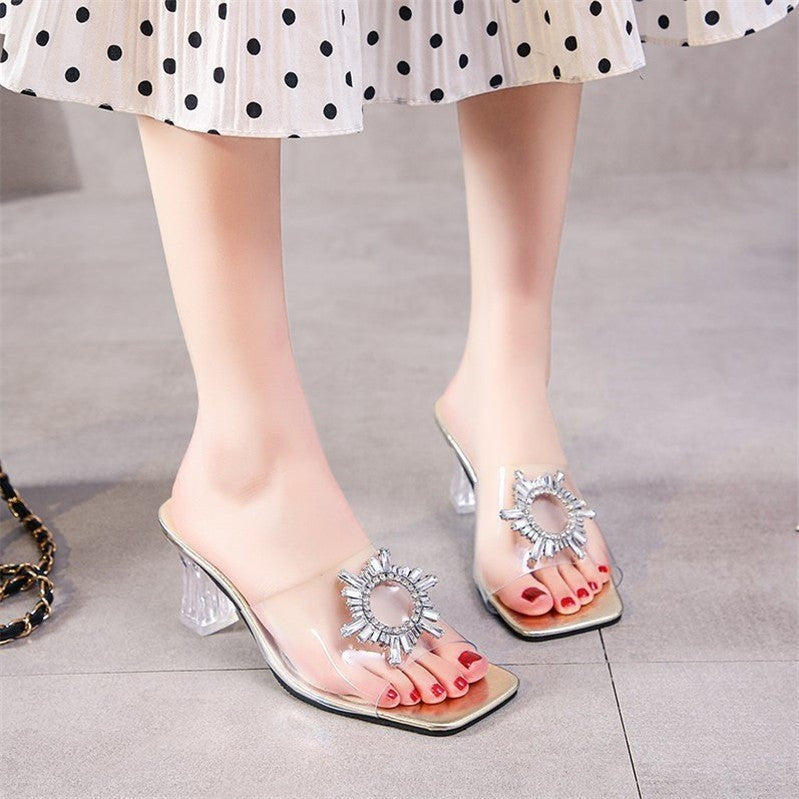 Clear Crystal Rhinestone Heel Mule Sandals for Women | Transparent PVC Block Heel Slides | Diamond Sunburst Jewel Strap Heels | Elegant Glass Heel Party Sandals